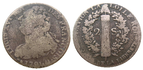 monnaie de 2 sols au faisceau avec vari�t� de date LIBERETE